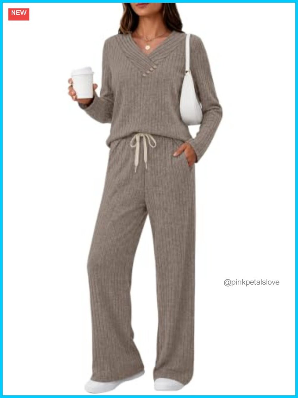 Ribbed Knit Lounge Set V-Neck Top Drawstring Pants Two Piece Set